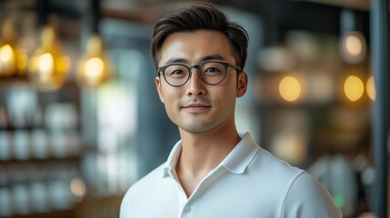 Wall Mural - portrait of a handsome muscular man in a white polo shirt with glasses, a 30 year old Asian male