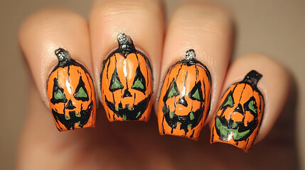 Cute pumpkin nail art with vibrant colors and playful designs, featuring detailed jack o lanterns that evoke festive Halloween spirit