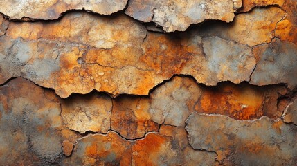 Fototapete - The wall displays a striking texture of peeling paint in shades of orange and brown, revealing cracks and layers that suggest age and weathering in an urban setting.