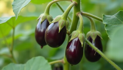 Sticker -  Vibrant purple eggplants growing on a lush plant