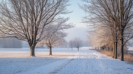 Fototapete - A peaceful winter morning showcases frosted trees along a snow-covered path, leading through a rural landscape. The sunlight filters through the branches, illuminating the serene surroundings.