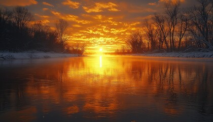 Poster - Golden Sunset Reflected in a River, Winter Landscape