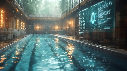 Poster - Holographic swimmer performance stats and data visualizations displayed over a minimalist futuristic swimming pool with ample background space for copy or design elements
