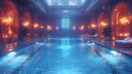 Poster - Futuristic swimming pool scene with holographic swimmer performance data and analytics displayed near the pool deck  The clean minimalist backdrop creates ample space for copy or design elements