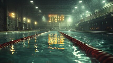 Poster - Holographic swimming pool with futuristic data and analytics display hovering above the deck providing plenty of clean modern background space for copy or text overlay