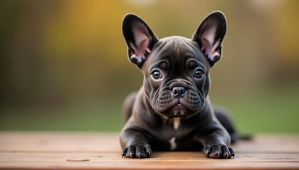 Wall Mural -  Cute puppy with expressive eyes sitting on a wooden surface