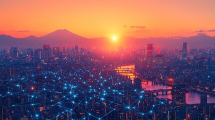 Aufkleber - Tokyo Skyline with Mount Fuji at Sunset and Network Connections