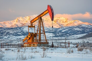 Poster - Oil Pump Jack in Snowy Mountains at Sunrise