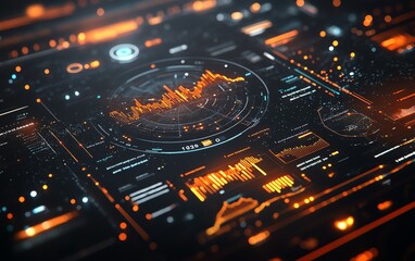 Advanced financial dashboard featuring floating holographic charts and graphs, glowing data streams against a dark space background, global economics visualization