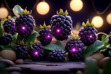 Wall Mural - A fantasy garden filled with glowing Blackberries (Rubus Fruticosus), their deep purple fruits shimmering under the soft light of a full moon