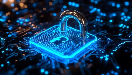 Poster - Futuristic digital padlock with glowing blue circuits against a dark background, binary code overlay representing cybersecurity and data protection