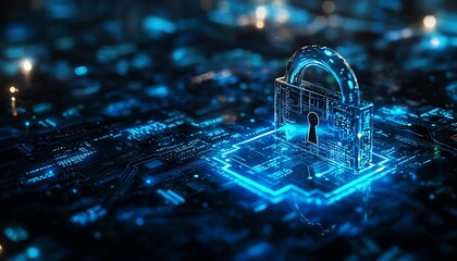 Poster - Futuristic digital padlock with glowing blue circuits against a dark background, binary code overlay representing cybersecurity and data protection