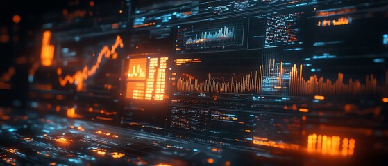 Poster - Futuristic financial dashboard displaying holographic 3D graphs and charts, dark space background, glowing data streams highlighting economic indicators