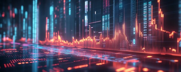 Poster - Futuristic financial dashboard with holographic 3D charts and graphs floating in dark space, glowing data streams and market indicators, hightech visualization of global economics
