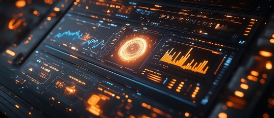 Poster - Futuristic financial dashboard displaying holographic 3D graphs and charts, dark space background, glowing data streams highlighting economic indicators