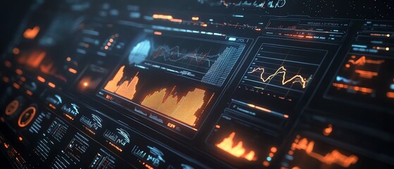 Poster - Futuristic financial dashboard displaying holographic 3D graphs and charts, dark space background, glowing data streams highlighting economic indicators