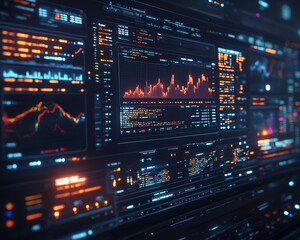 Poster - Futuristic financial dashboard with holographic 3D charts and graphs floating in dark space, glowing data streams and market indicators, hightech visualization of global economics