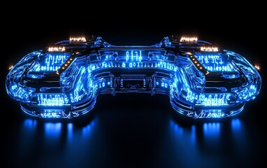 Poster - Hightech digital padlock with radiant blue circuits against a dark background, binary code cascading, representing the essence of cybersecurity