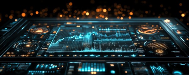 Poster - Hightech financial dashboard with floating holographic charts and graphs, glowing data streams in dark space, representing global economic dynamics