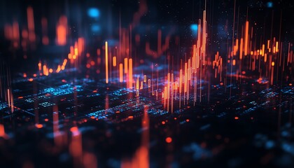Poster - Holographic 3D financial visualization with charts and graphs, dark space backdrop, radiant data streams and market indicators for global economics