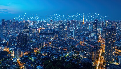Aufkleber - Tokyo Cityscape at Night with Network Connections