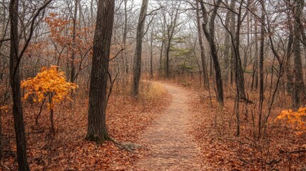 Poster - A serene trail meanders through a peaceful autumn forest, featuring vibrant orange leaves scattered on the ground. The trees stand tall and bare, creating a misty ambiance on a quiet day.
