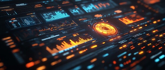 Poster - 3D holographic financial dashboard with dynamic charts and graphs, illuminated data streams in dark space, emphasizing global economic insights