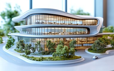 Poster - Architectural scale model of a contemporary business park development, highlighting office spaces and landscaping in a realistic 3D rendering