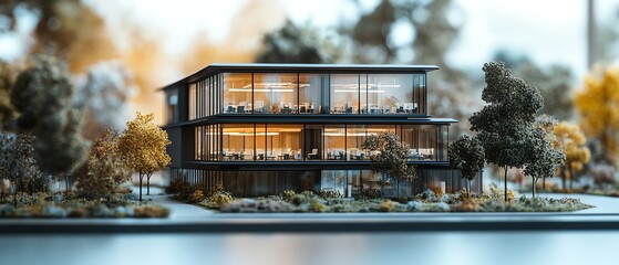 Poster - Architectural scale model of a contemporary business park development, highlighting office spaces and landscaping in a realistic 3D rendering