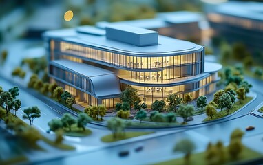 Poster - Architectural scale model of a contemporary business park development, highlighting office spaces and landscaping in a realistic 3D rendering