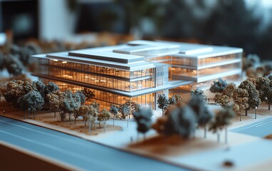 Poster - Architectural scale model of a contemporary business park development, highlighting office spaces and landscaping in a realistic 3D rendering