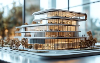 Poster - Detailed architectural scale model of a modern business park development, presented in a captivating 3D rendering showcasing office facilities