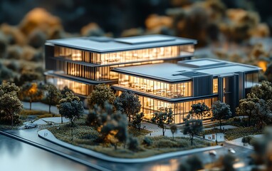 Poster - Detailed architectural scale model of a modern business park development, presented in a captivating 3D rendering showcasing office facilities