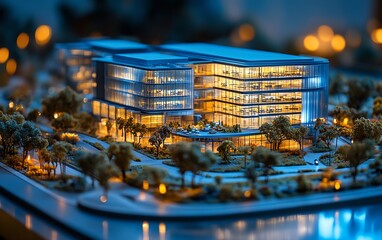 Poster - Detailed architectural scale model of a modern business park development, presented in a captivating 3D rendering showcasing office facilities