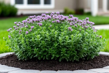 Wall Mural - A garden bed filled with Thymus (Thyme) plants, their tiny purple flowers blooming in a sea of aromatic green leaves