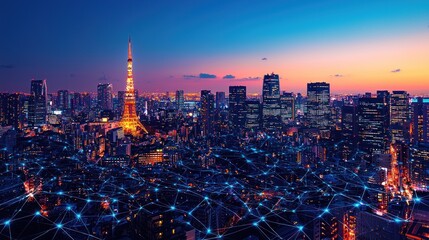 Poster - Tokyo Skyline at Night with Network Connections