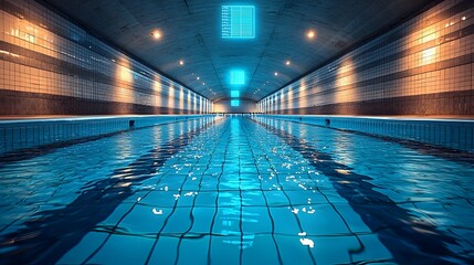 Poster - A state of the art indoor swimming pool with a futuristic holographic display showcasing lap times above the lanes