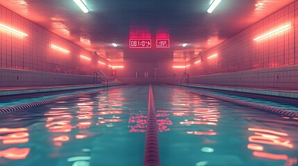 Poster - Photograph of a sleek and modern indoor swimming pool with holographic lap times displayed above the lanes  The pool features a clean