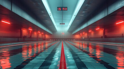 Poster - Futuristic Indoor Swimming Pool with Holographic Lap Times Displayed Above the Lanes Offering a Clean and Minimalist Design with Ample Copy Space