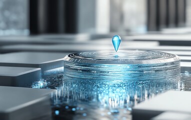 Poster - Intricate 3D digital timeline with a striking blue pin at 2025, rendered with glassy textures and a hightech, sleek design