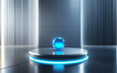 Poster - Minimalist 3D timeline with a glowing blue pin for 2025, set against a polished metallic backdrop and subtle futuristic elements
