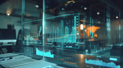 Poster - business audit data visualization through augmented reality hologram display of data statistics