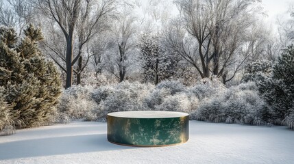 Poster - A circular, green pedestal with a gold rim sits in a snowy clearing. The pedestal is surrounded by snow-covered trees and bushes.