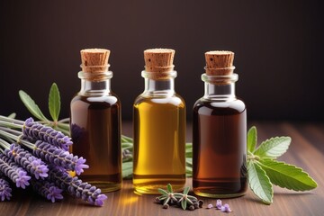 Peppermint oil bottles and lavender, horizontal composition	