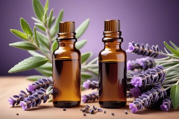 Peppermint oil bottles and lavender, horizontal composition	