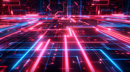Poster - abstract tech background with Futuristic digital grid with glowing neon lines, intersecting and forming a dynamic, high-tech network on a dark backdrop.