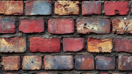 Leinwandbilder - The surface of an old brick wall exhibits a variety of red, yellow, and gray bricks, each showing signs of aging and erosion, creating a unique texture. The natural light highlights the details.