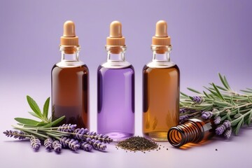 Peppermint oil bottles and lavender, horizontal composition