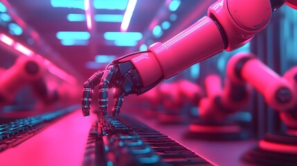 Poster - advanced robots collaborating in a futuristic car factory assembling parts using lasers and hologram