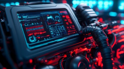 Poster - automated robotic arm repairing a futuristic car engine with a holographic interface displaying data